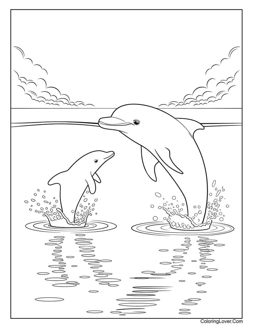 Dolphins leaping out of the water with reflections coloring page