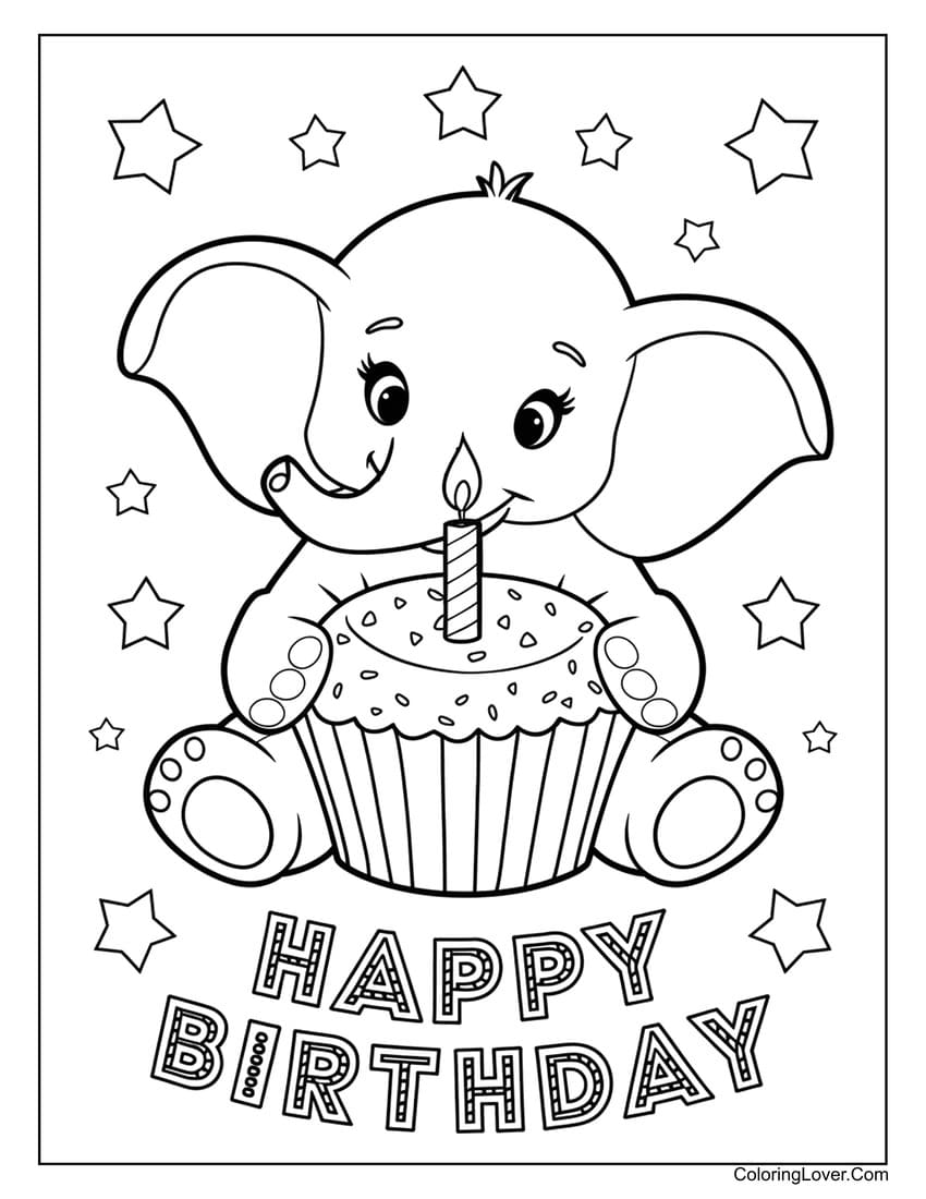 Elephant with cupcake happy birthday coloring page