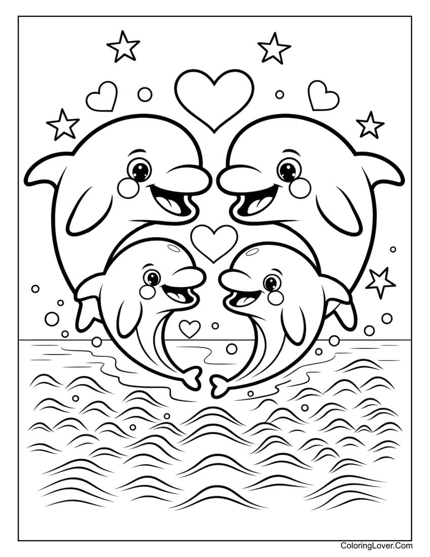 Family of baby dolphins playing with hearts coloring page