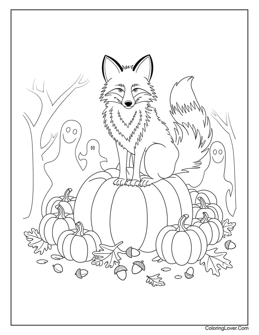 Fox on pumpkin coloring sheet with acorns and ghosts