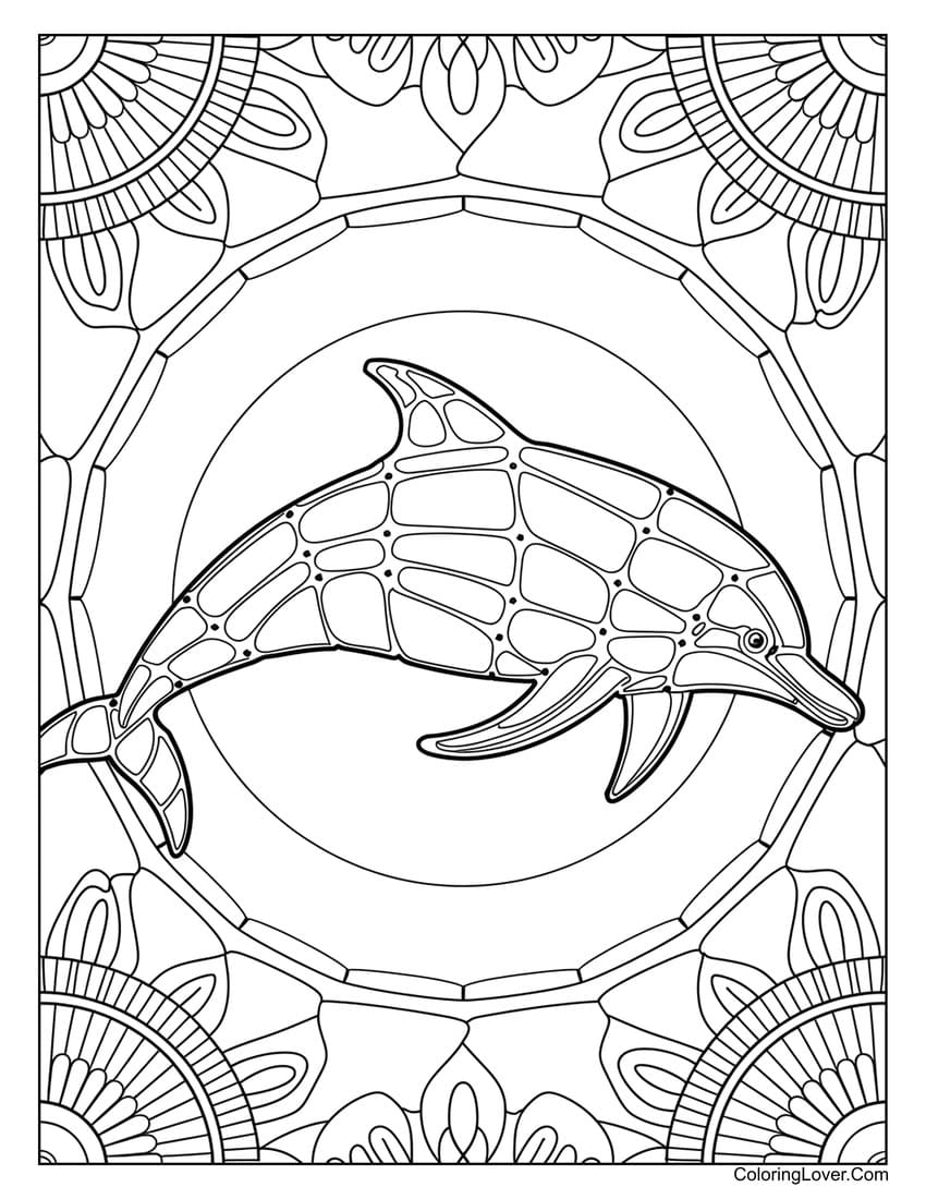 Geometric dolphin mandala coloring page for adults