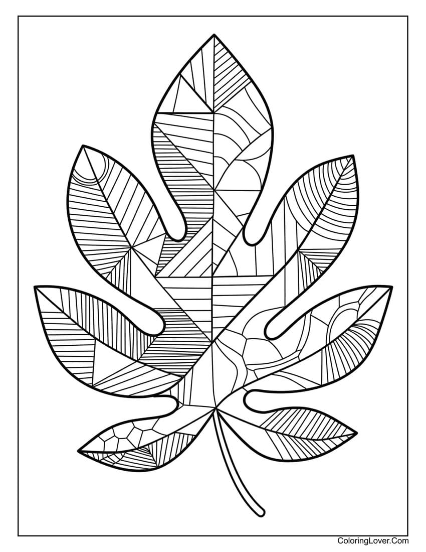 Geometric leaf coloring sheet with fine lines