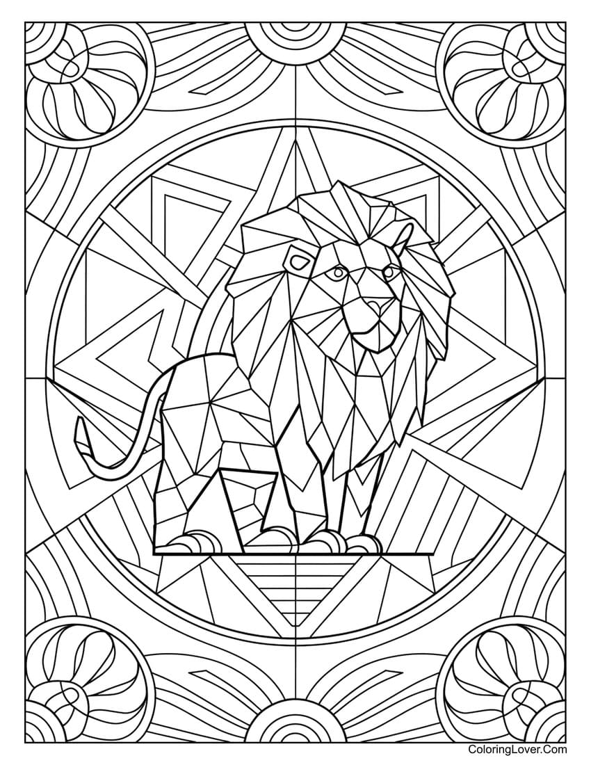 Geometric lion coloring page with sharp lines