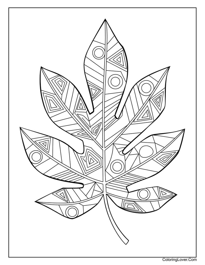 Poplar tree leaf coloring sheet with intricate patterns