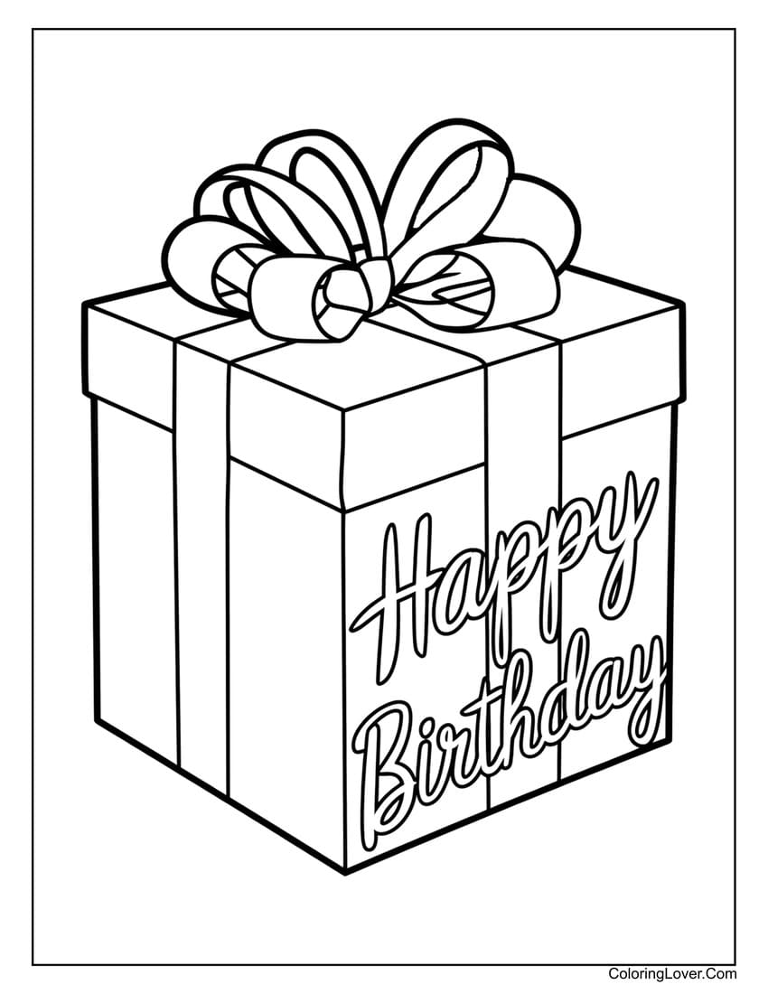 Gift box with "Happy Birthday" text coloring page