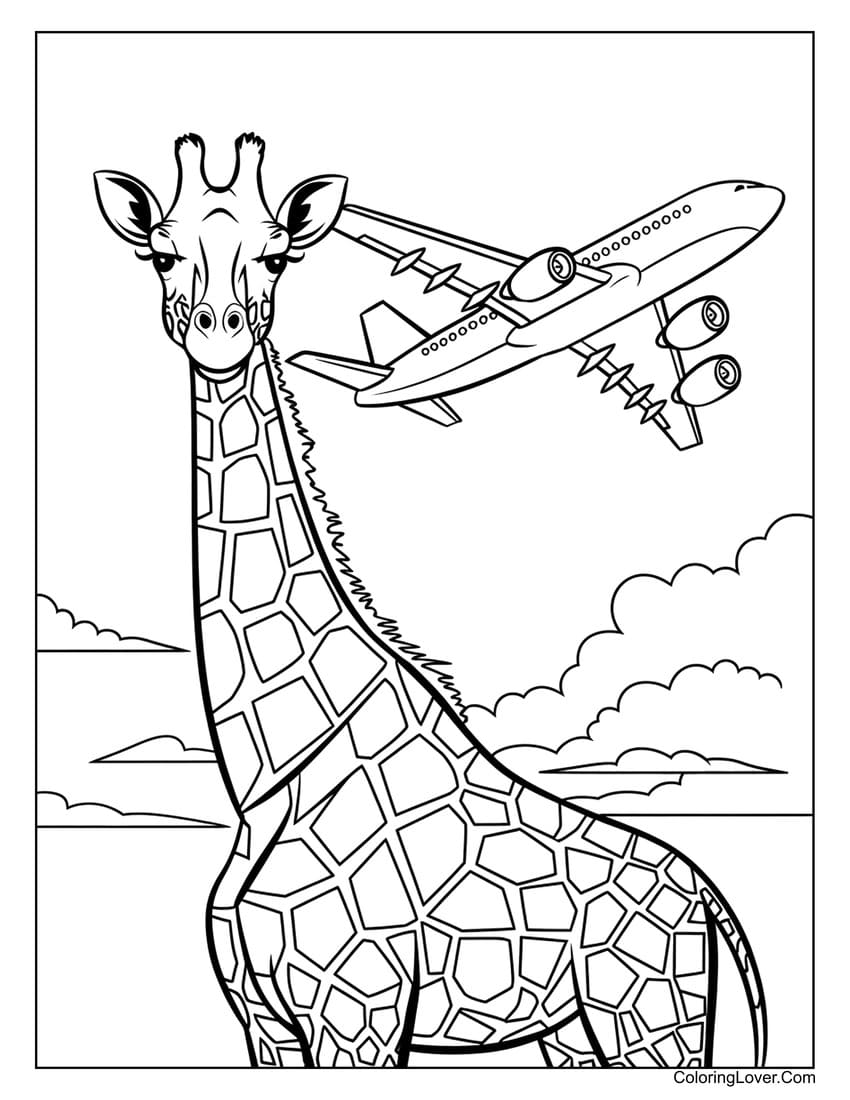 Giraffe and airplane coloring sheet