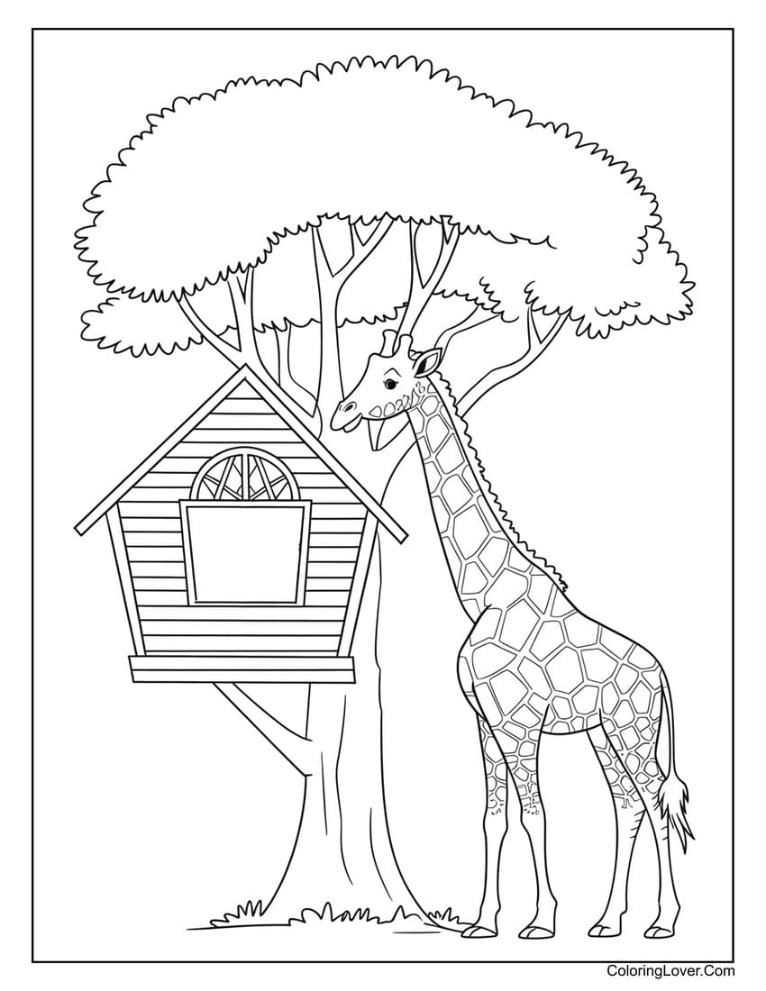 Giraffe and treehouse coloring sheet