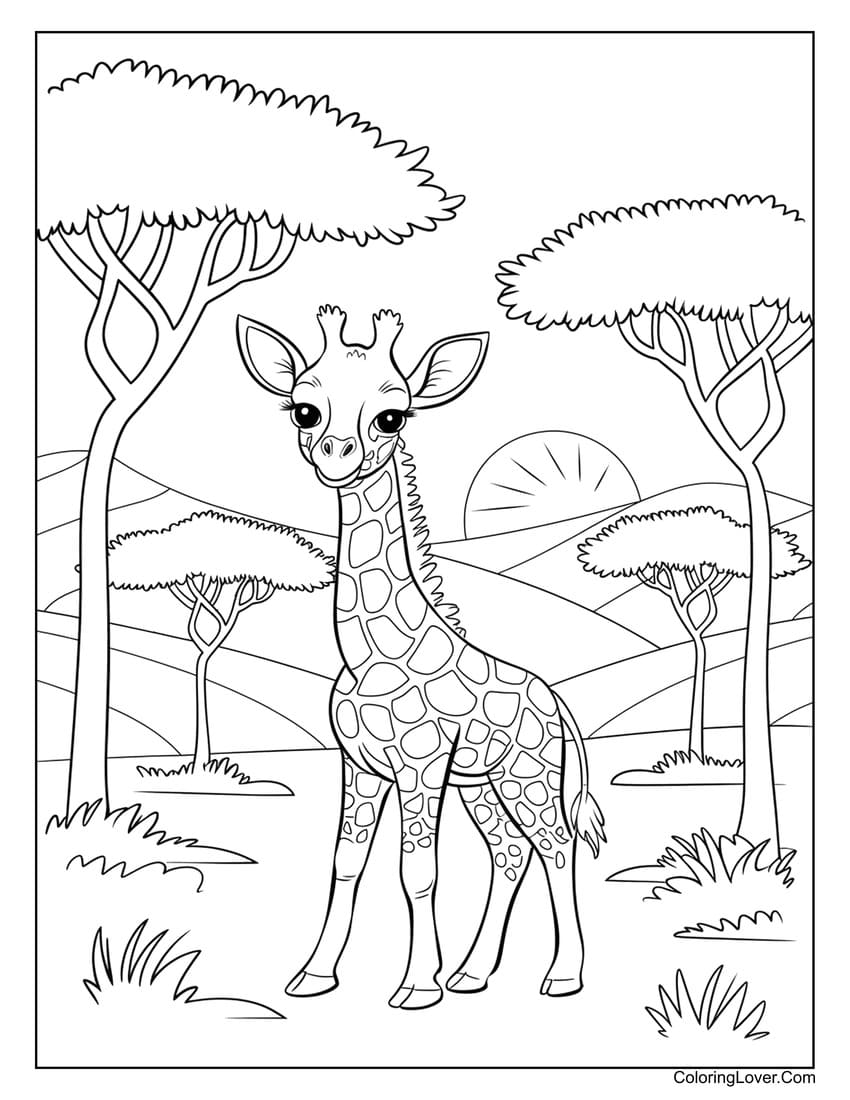 Giraffe in savannah at sunset coloring sheet