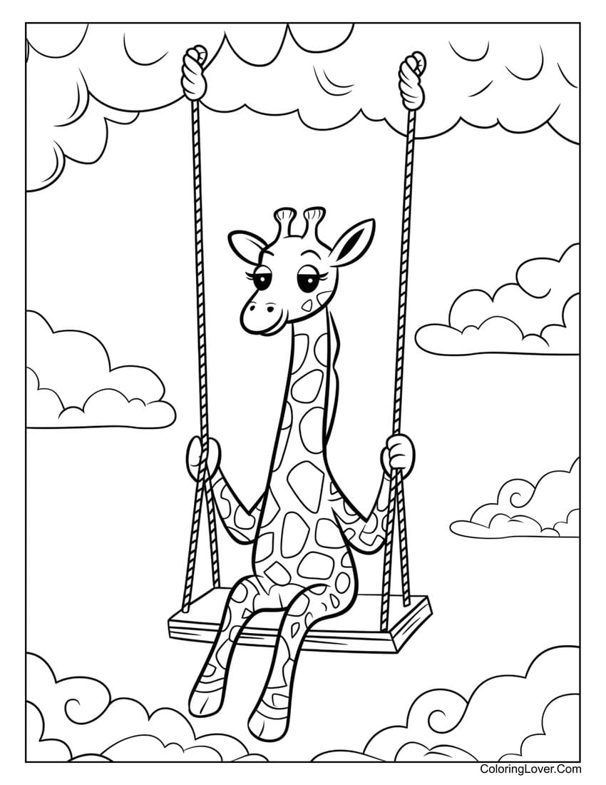 Giraffe on swing in clouds coloring sheet