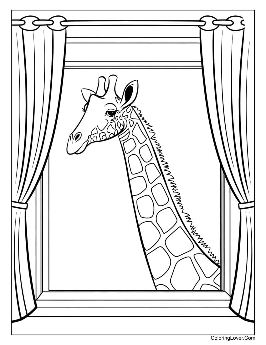 Giraffe peeking out of window coloring page