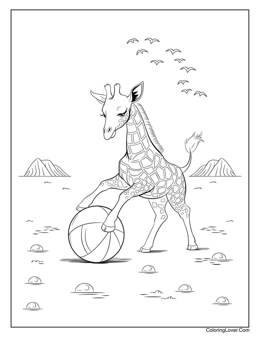 Giraffe playing with ball coloring page for kids