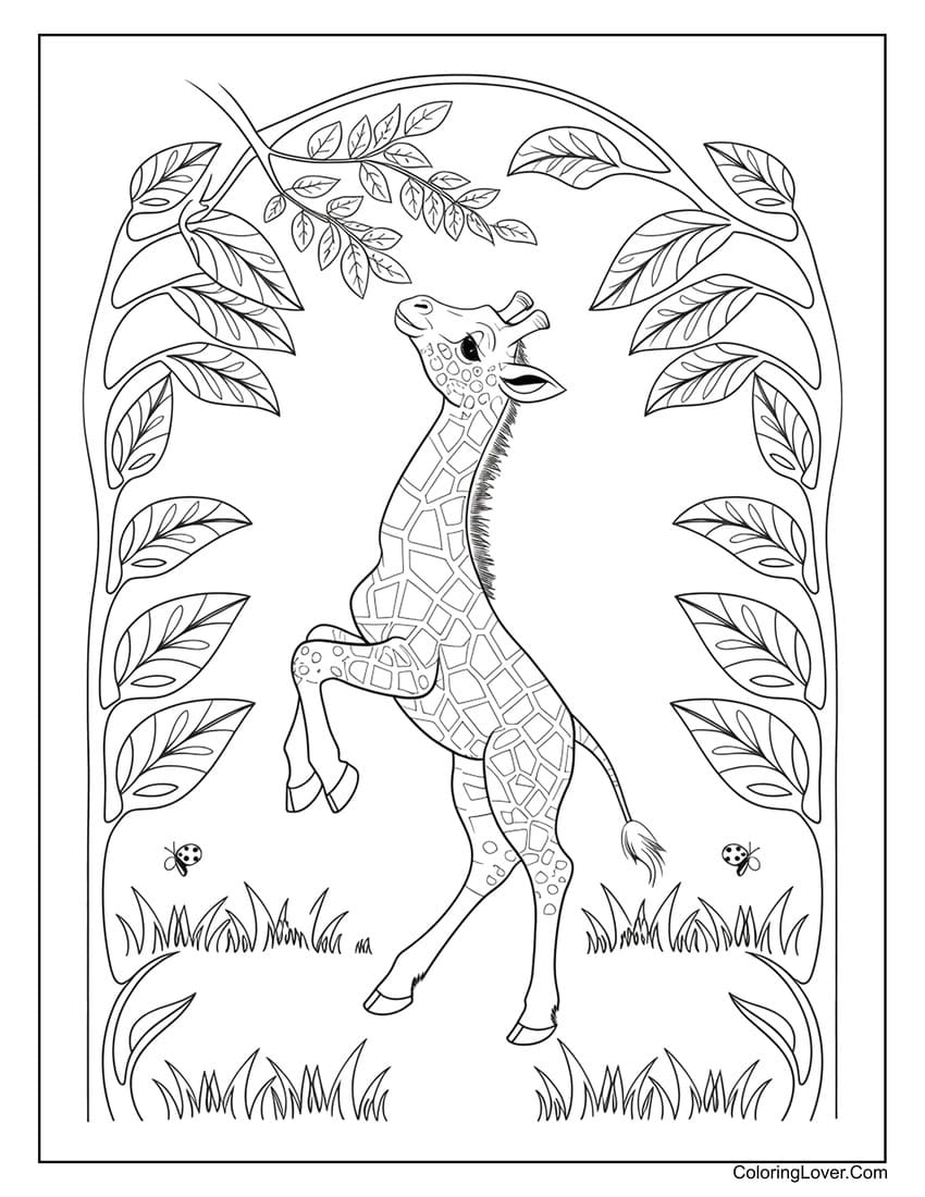 Giraffe reaching for leaves coloring page for kids