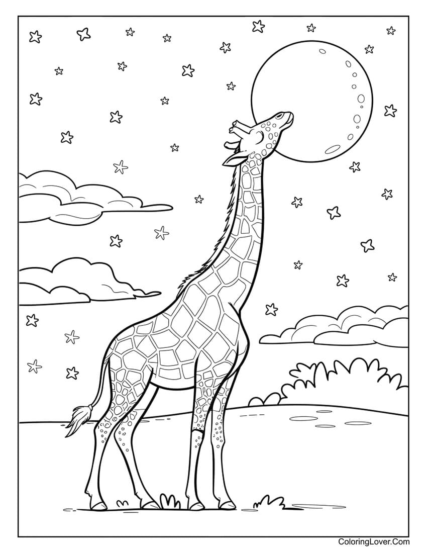 Giraffe reaching for the moon printable coloring page