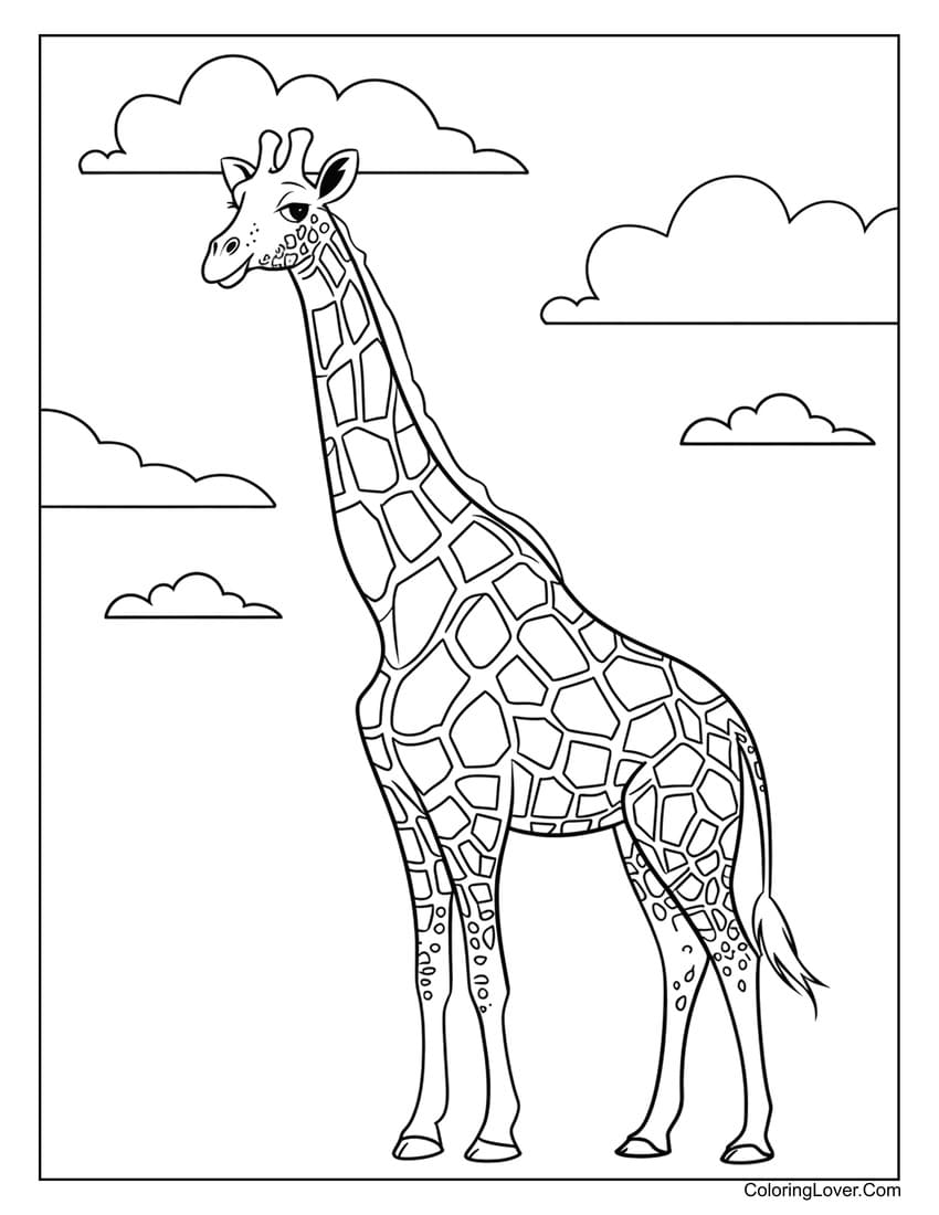Giraffe standing under clouds coloring page