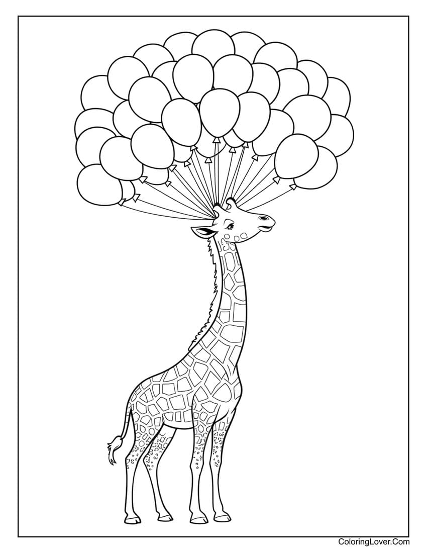 Giraffe with balloons floating coloring page