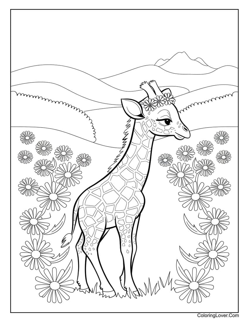 Giraffe with flowers in a meadow coloring page for kids