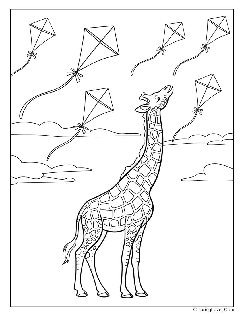 Giraffe with kites flying in sky coloring page for kids