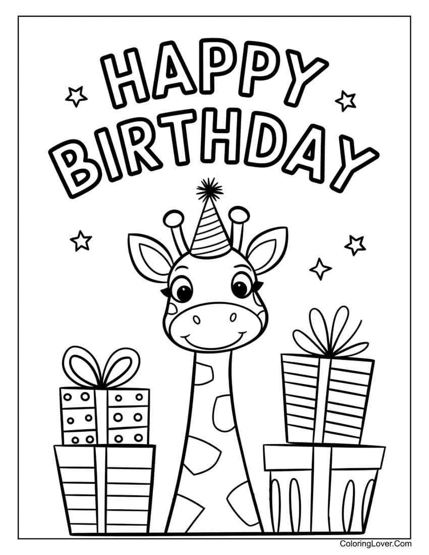 Giraffe with presents birthday coloring page