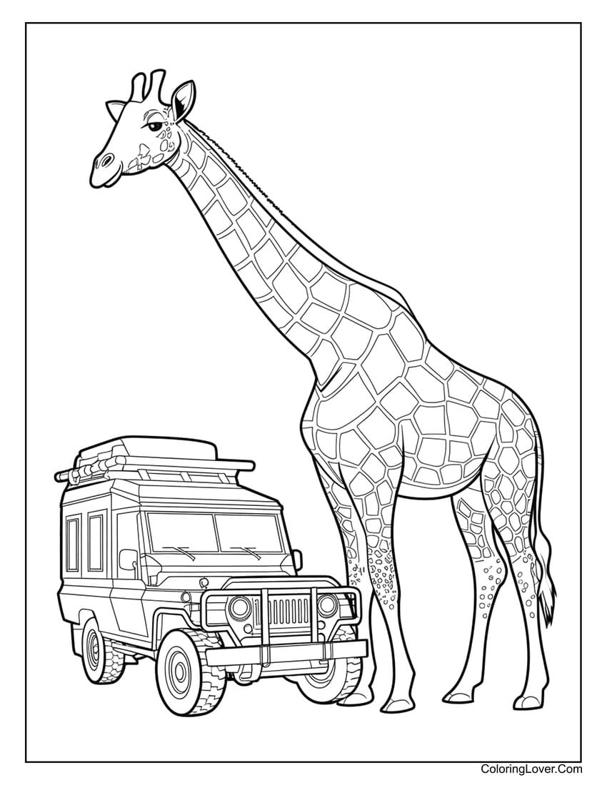 Giraffe with safari vehicle coloring page