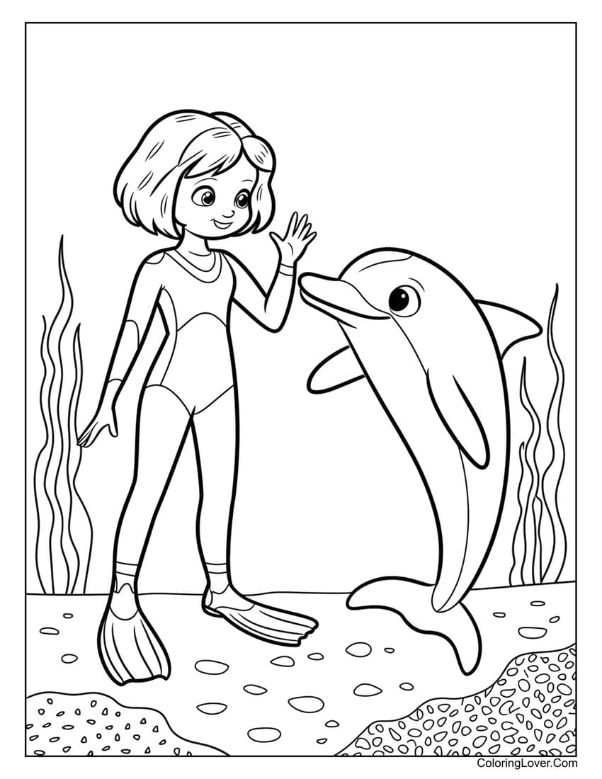 Girl and dolphin underwater high five coloring page for kids