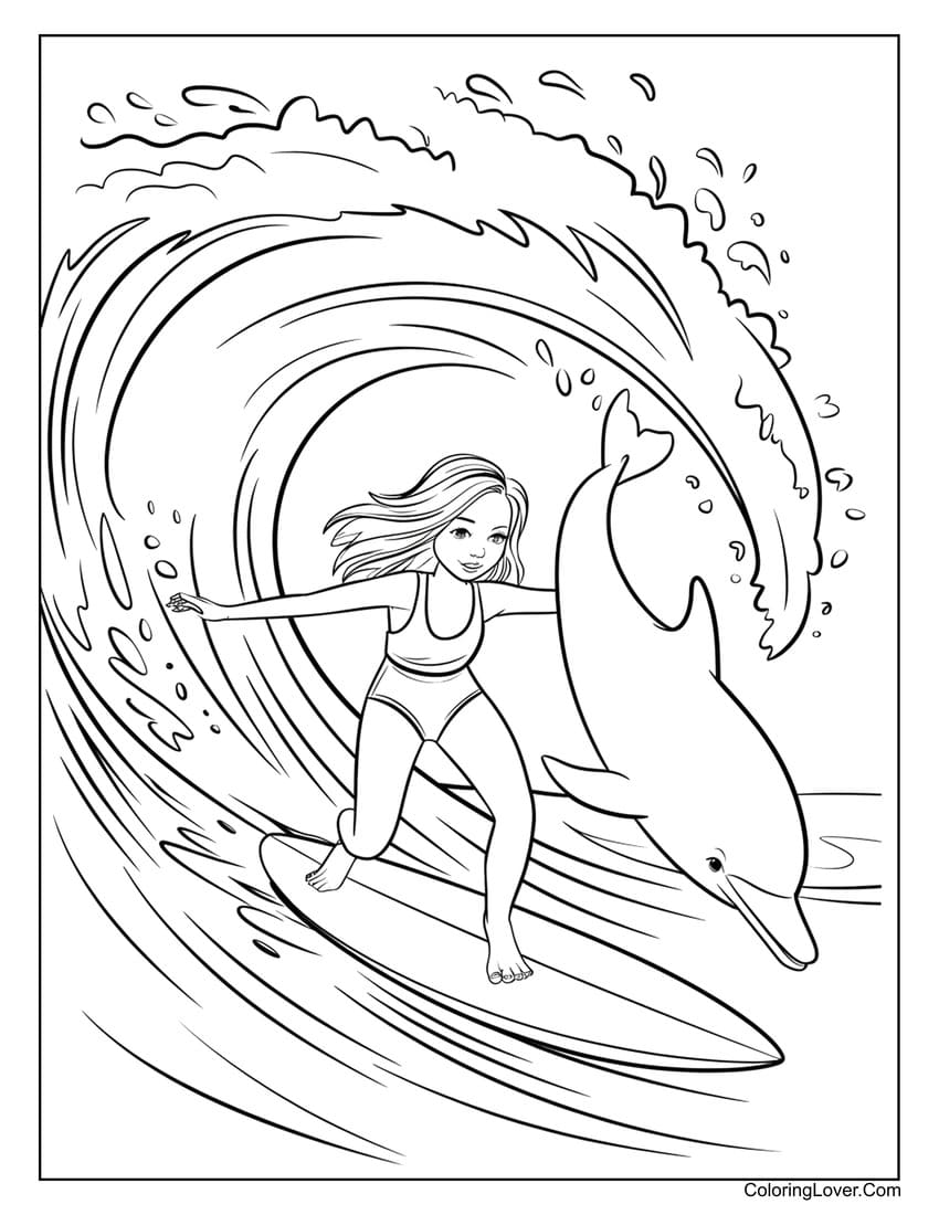 Girl surfing with dolphin in big wave coloring page