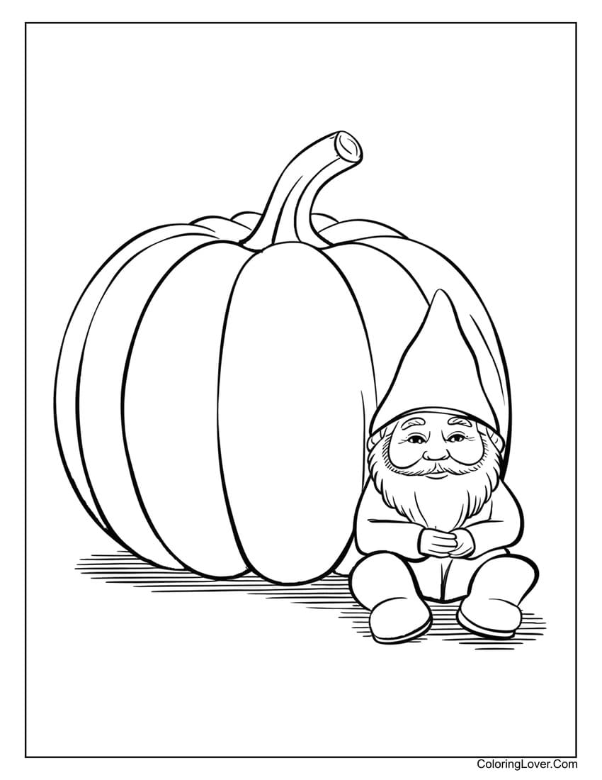 Gnome sitting beside large pumpkin coloring page for kids