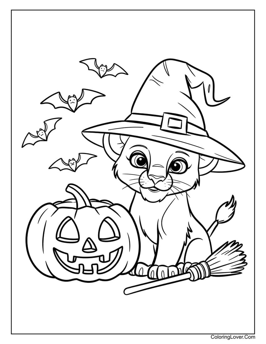 Halloween lion cub with pumpkin coloring page
