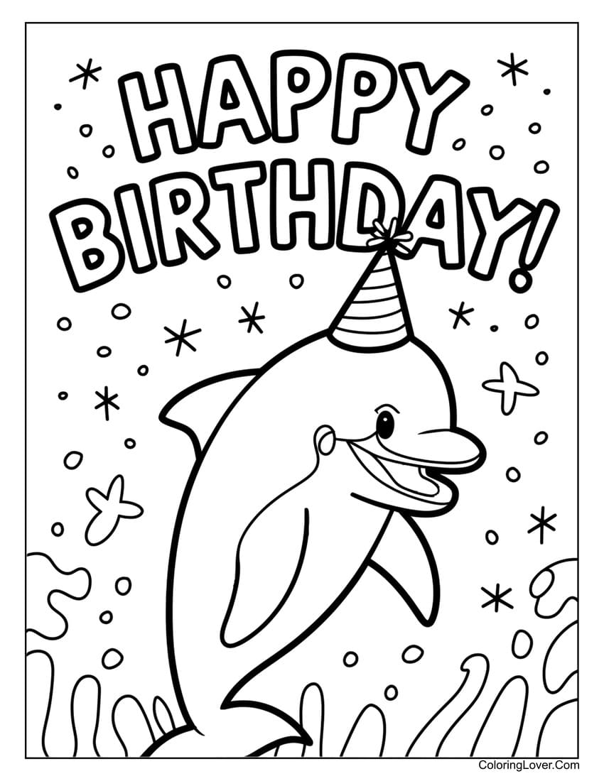 Happy birthday dolphin coloring page for kids