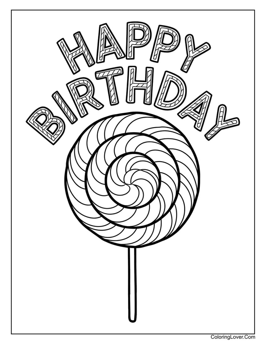 Happy birthday lollipop coloring page for kids