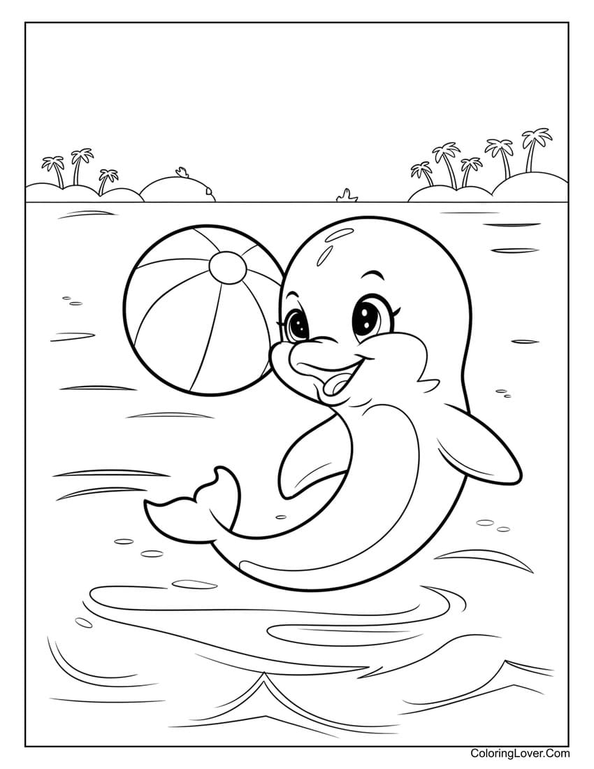 Happy dolphin playing with a beach ball coloring sheet