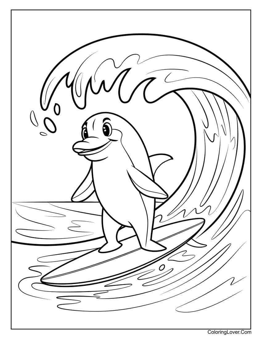 Happy dolphin surfing on a wave coloring page
