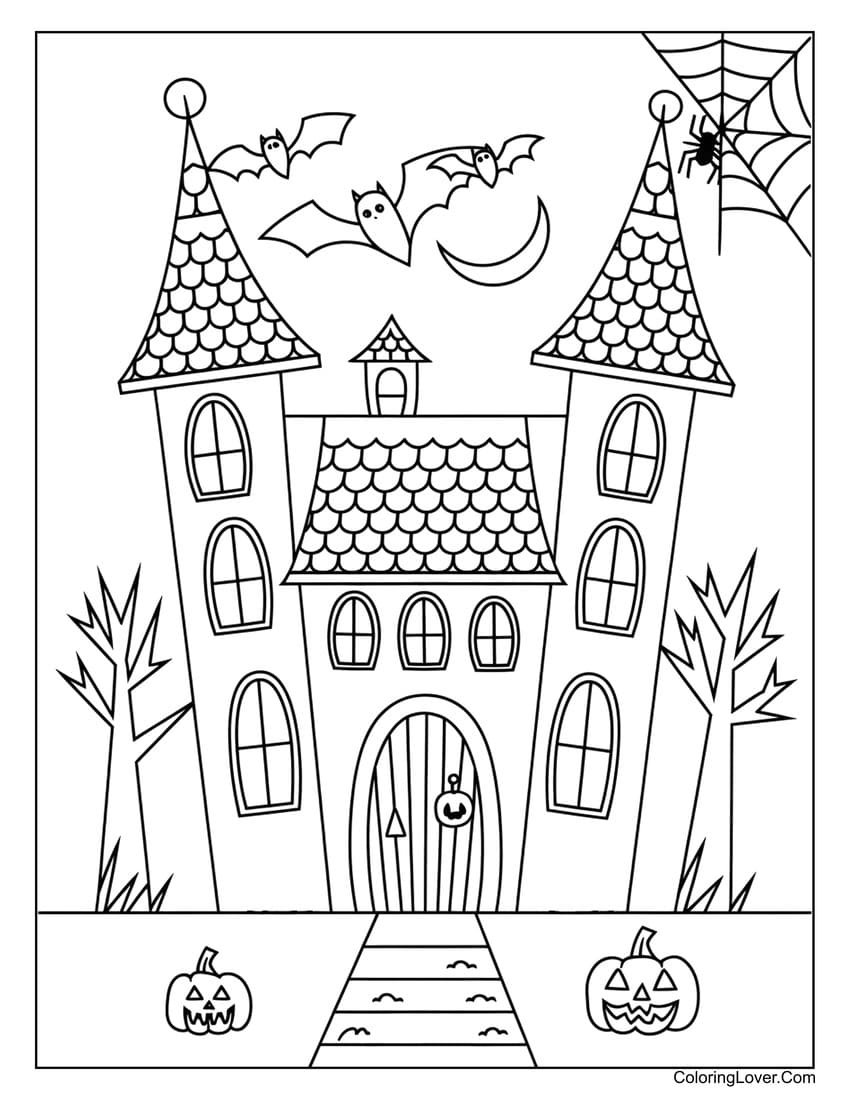 Haunted castle with bats and pumpkins coloring page