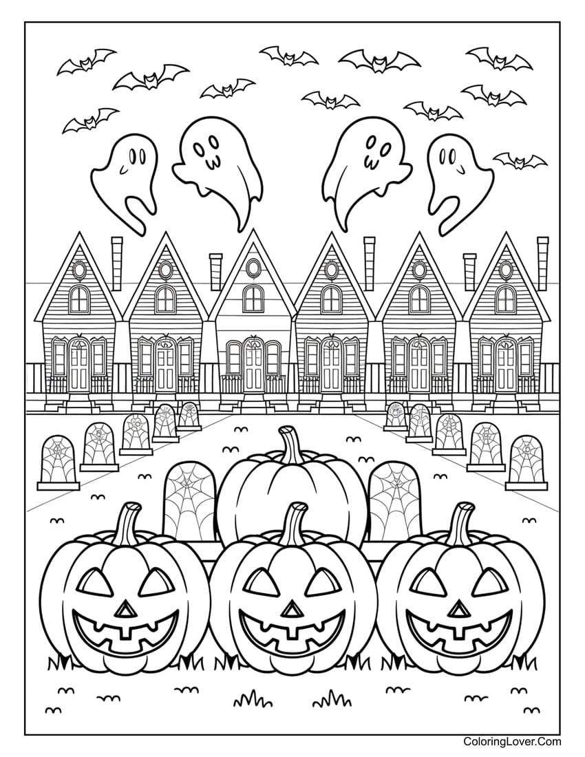 Haunted houses with jack-o-lanterns and ghosts coloring page