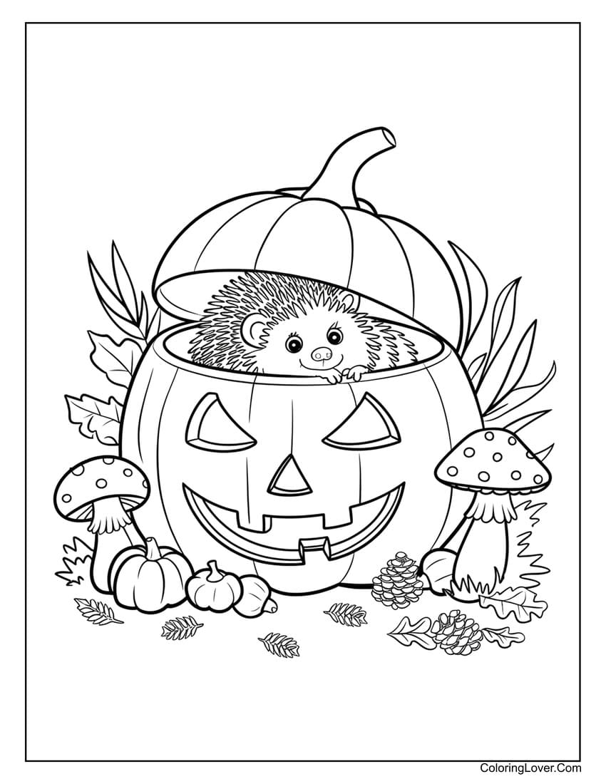 Hedgehog in a jack-o'-lantern coloring page with mushrooms