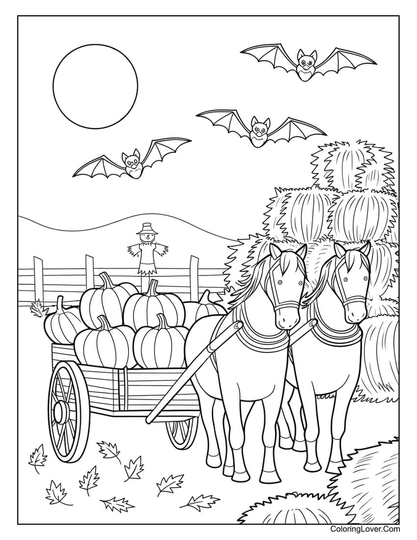 Horse-drawn cart with pumpkins coloring page for fall
