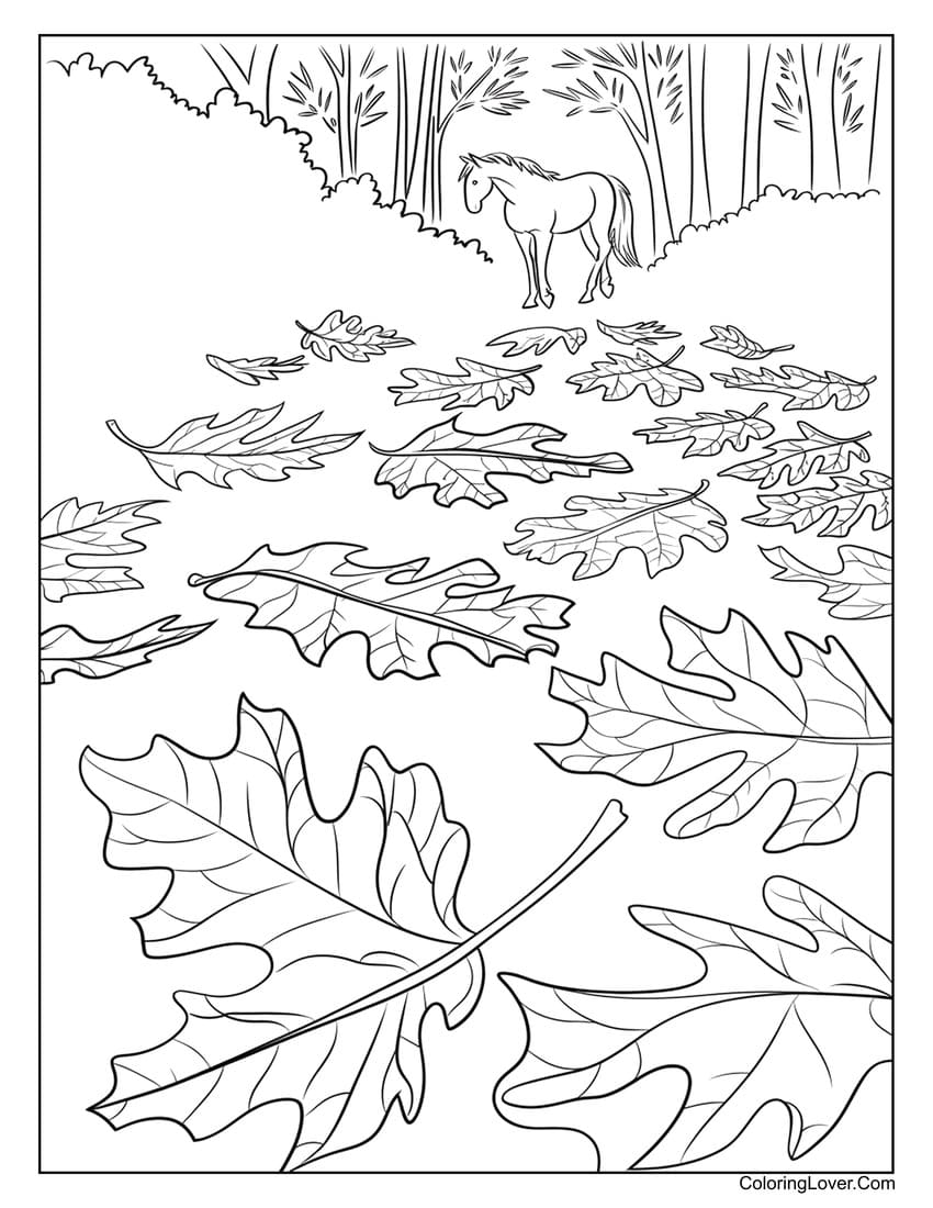 Horse standing near fallen leaves coloring sheet