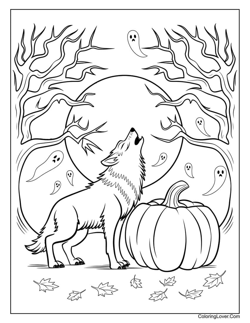 Howling wolf with pumpkin and ghosts coloring page