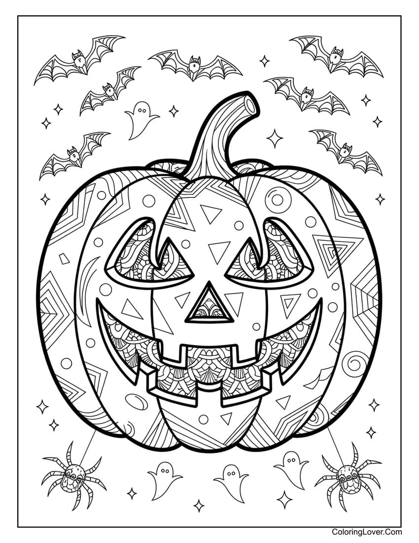 Jack-o'-lantern with bats and ghosts coloring page for Halloween