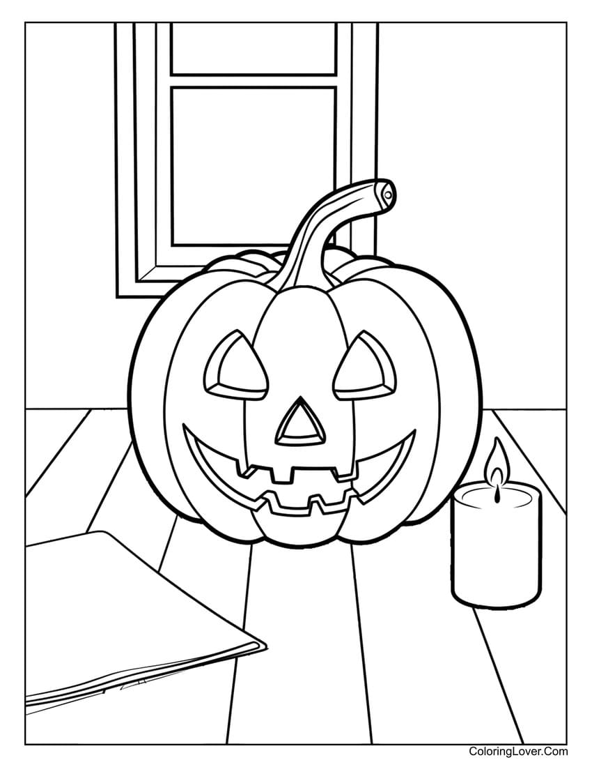 Jack-o-lantern with candle on table coloring sheet