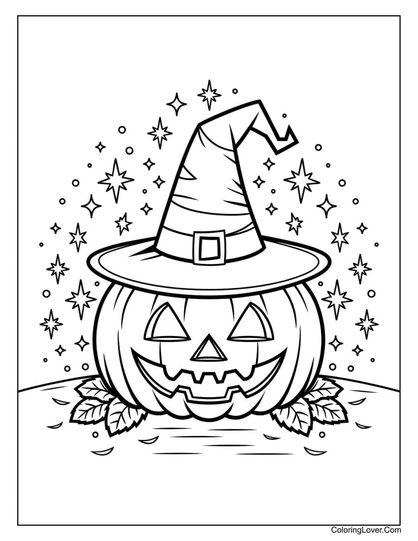 Jack-o-lantern with witch hat and stars coloring page