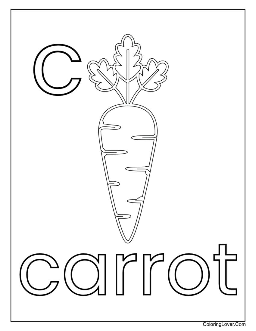 Letter "C" carrot coloring page for preschoolers