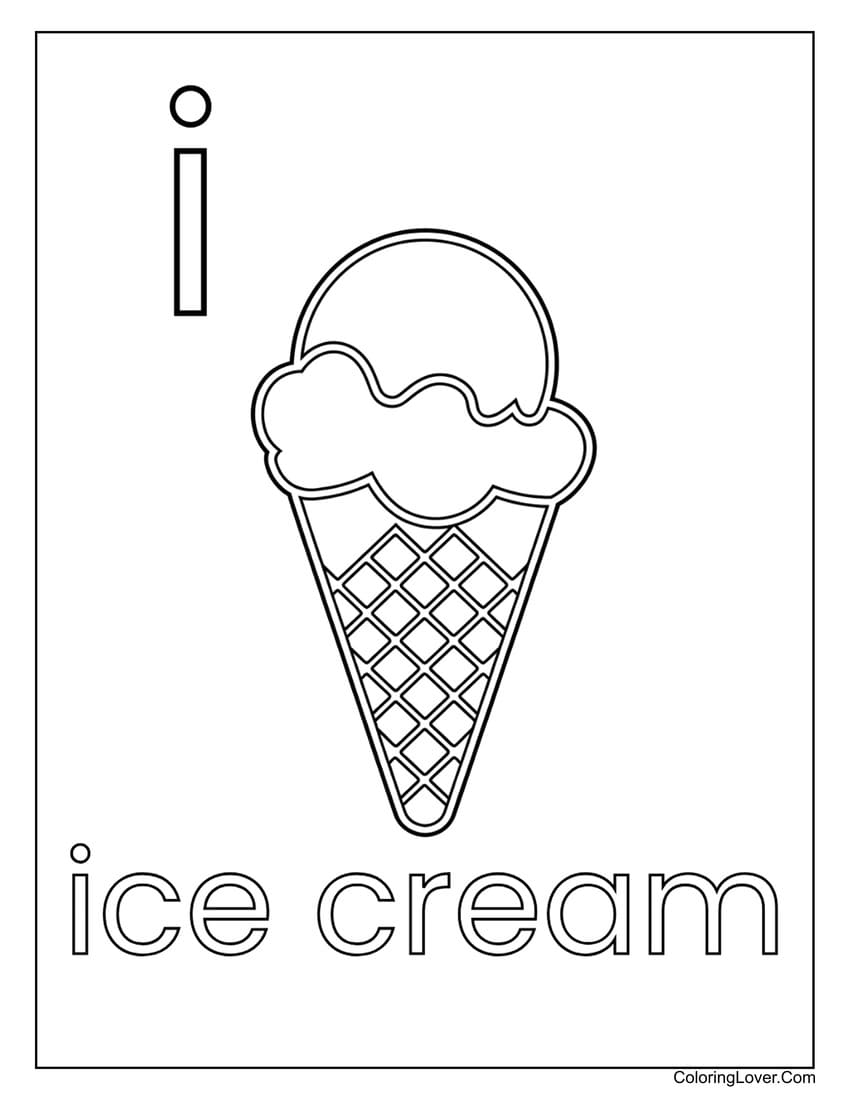 Letter "I" ice cream coloring page for preschoolers