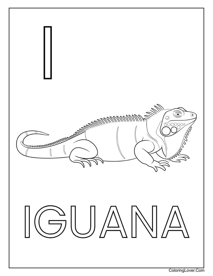 Letter "I" iguana coloring page