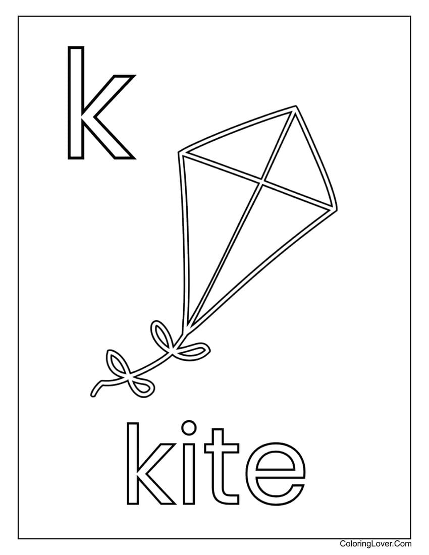 Letter "K" kite coloring page for preschoolers