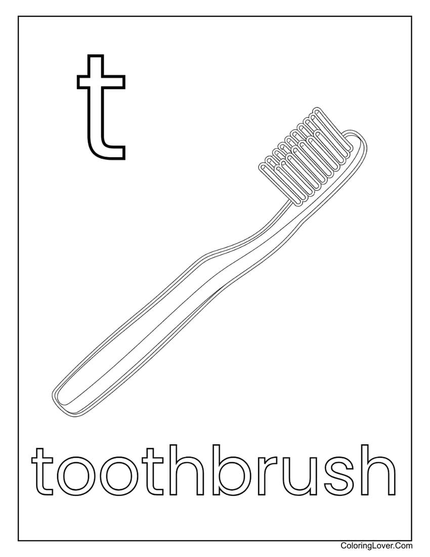 Letter "T" toothbrush coloring page for preschoolers