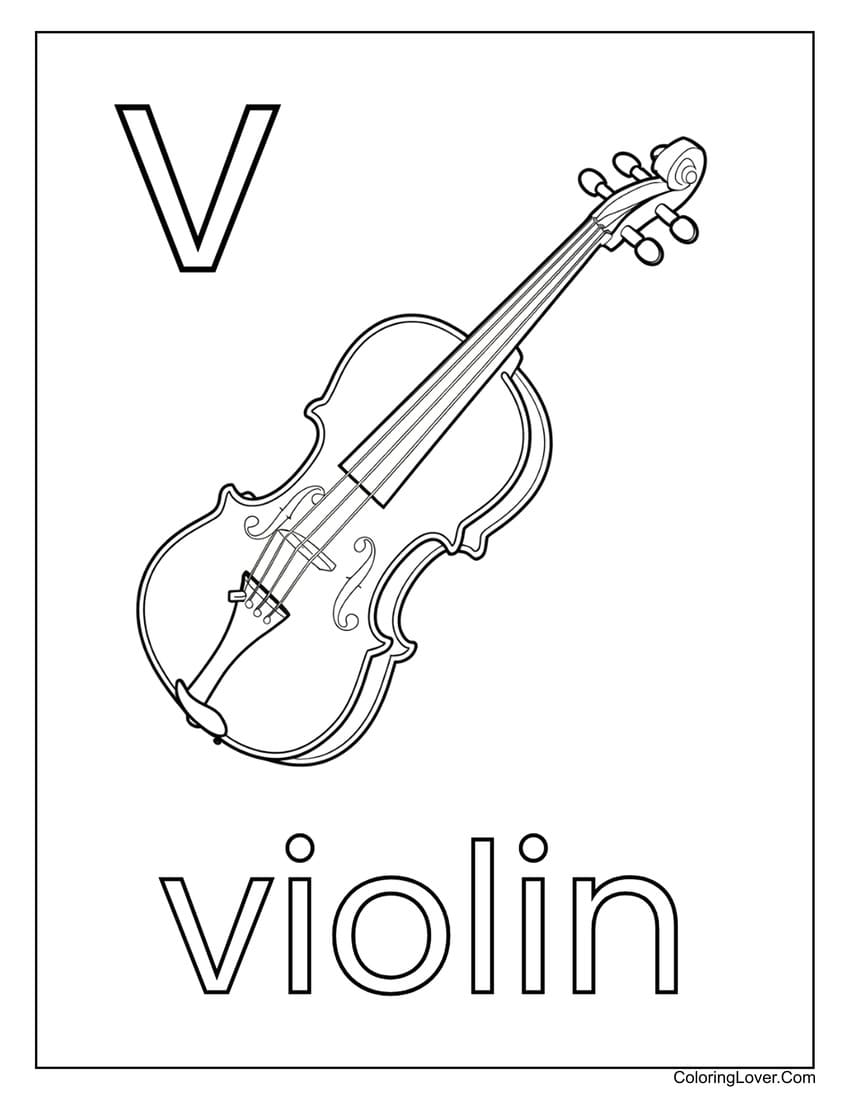 Letter "V" violin coloring page for preschoolers