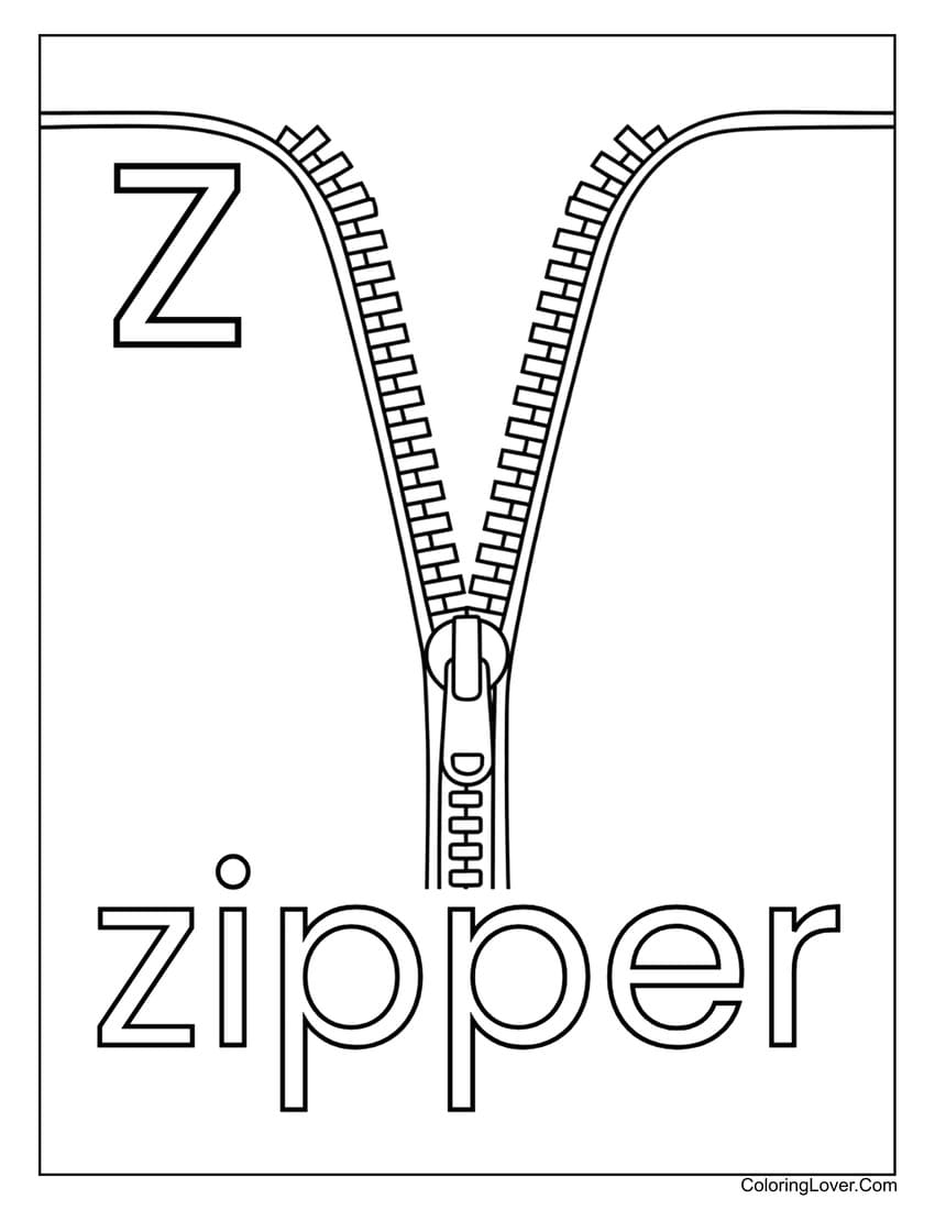 Letter "Z" zipper coloring page for preschoolers