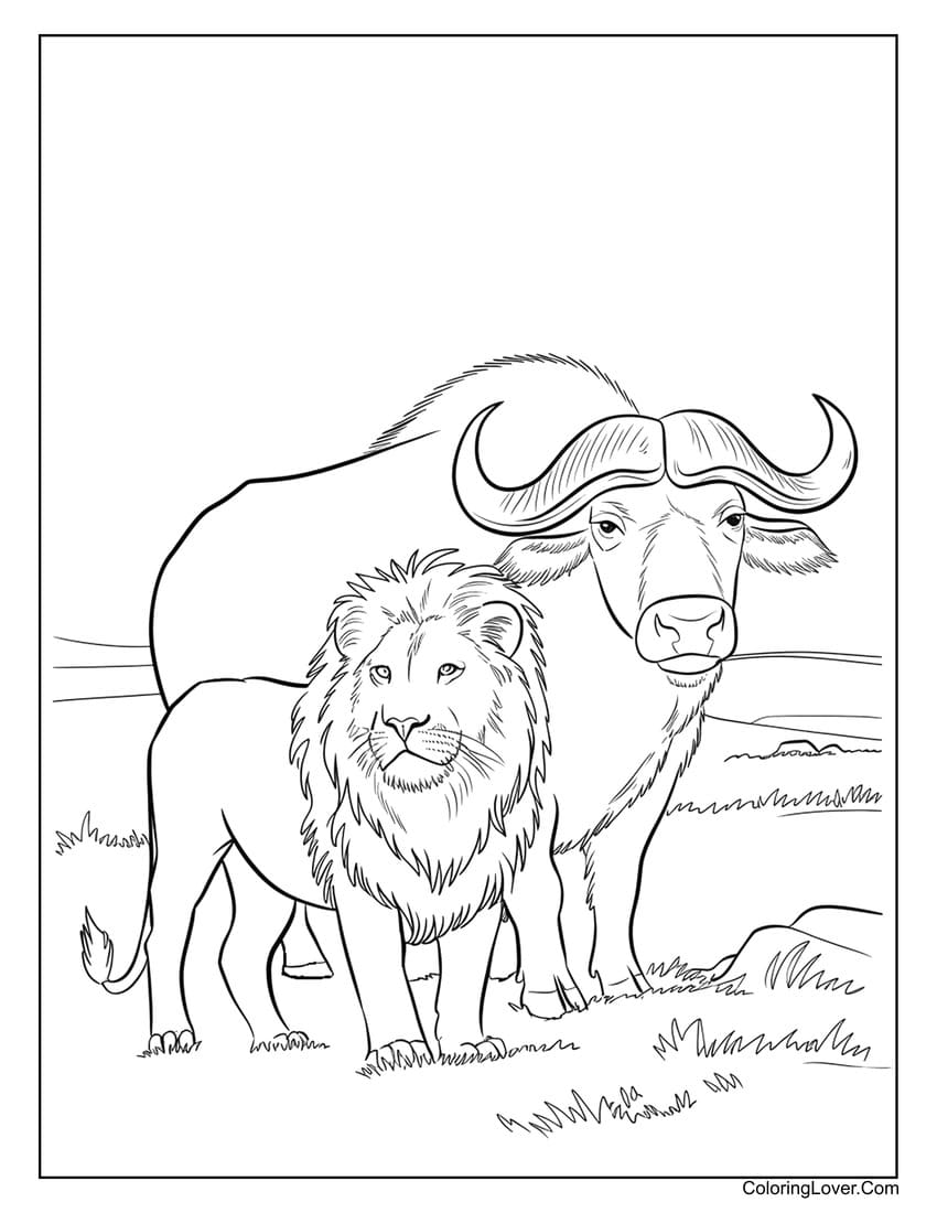 Lion and buffalo standing together coloring page