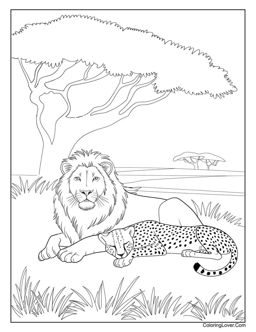 Lion and cheetah resting under a tree coloring page