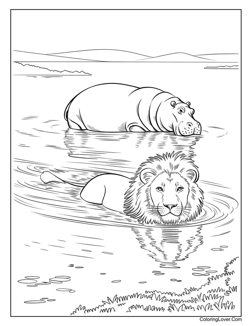 Lion and hippo swimming in river coloring page